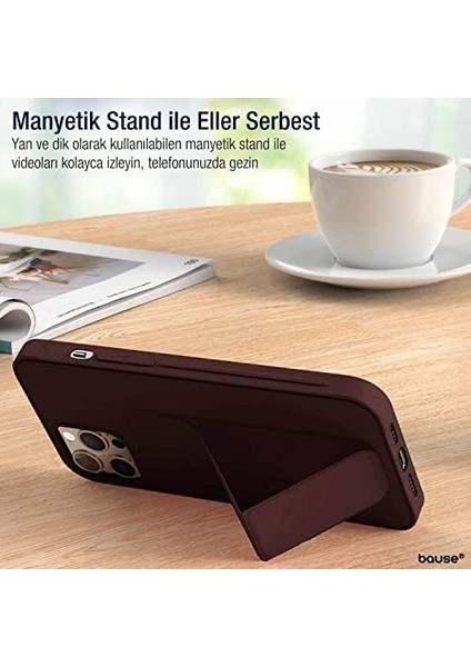 Apple iPhone 13 Pro Max Uyumlu Ultra Güçlü Manyetik Yatay/dikey Standlı Silikon Kılıf (Koyu Kahve)