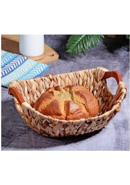 Wicker Serisi Bezli Oval Ahşap Kulplu Hasır Ekmek Sepeti
