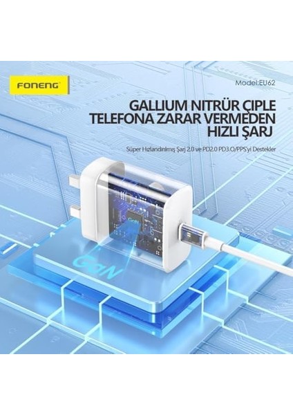 EU62 Gan 45W Pd Type-C Girişli Hızlı Şarj Adaptörü - Siyah
