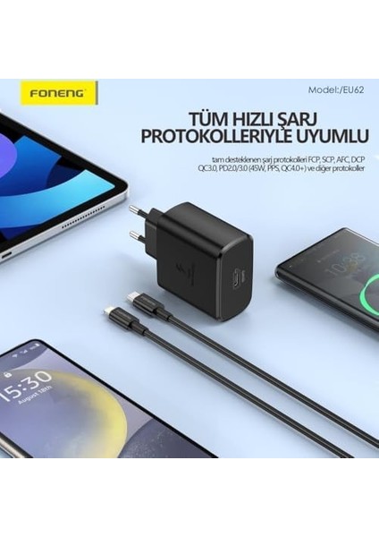 EU62 Gan 45W Pd Type-C Girişli Hızlı Şarj Adaptörü - Siyah