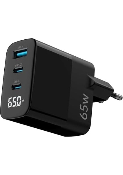 65W Gan LED Ekranlı Hızlı Şarj Cihazı 2 Type-C + Usb-A iPhone & iPad & Notebook Uyumlu Şarj Aleti