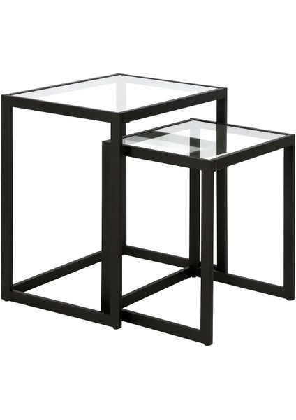 Modern Siyah Renk Metal Iskeletli Temper Camlı Zigon Sehpa Yan Sehpa