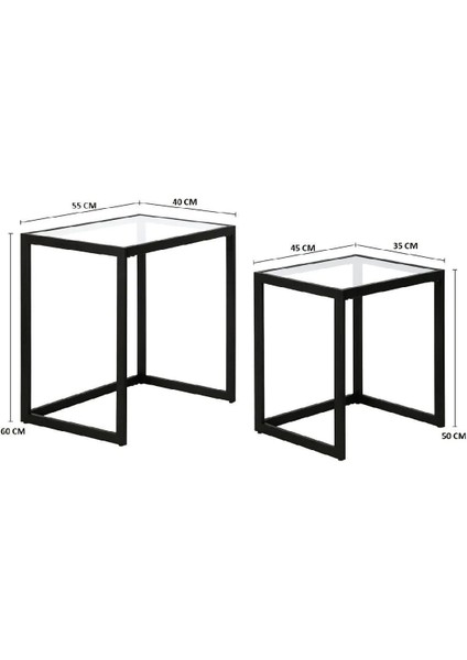 Modern Siyah Renk Metal Iskeletli Temper Camlı Zigon Sehpa Yan Sehpa