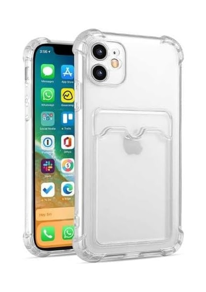 Apple iPhone 12 Uyumlu Kamera Korumalı Kartlıklı Lüx Yumuşak Silikon Kılıf (Şeffaf, Apple iPhone 12)