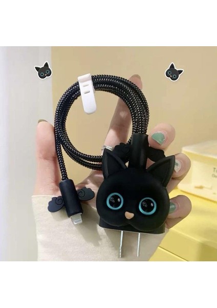 iPhone 18W/20W ile Uyumlu Siyah Kedi Şarj Başlığı 3D Animasyon Şarj Başlığı ve Kablo Koruyucu Set