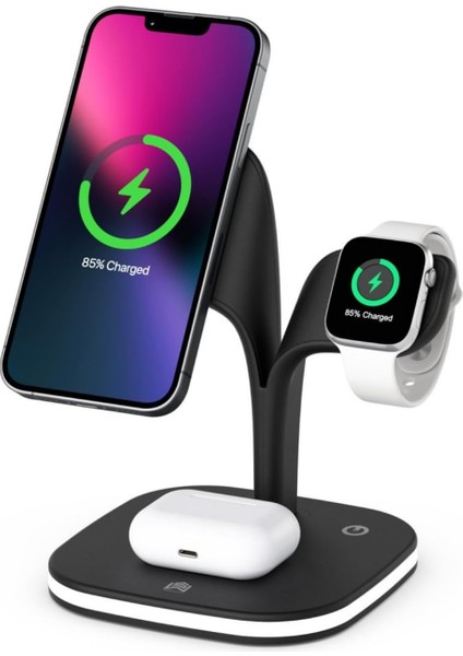 1 Arada 15W Kablosuz Hızlı Şarj Standı Gece Aydınlatmalı Apple iPhone ile Uyumlu-Watch ile Uyumlu-Airpods ile Uyumlu (Siyah Hızlı Şarj)