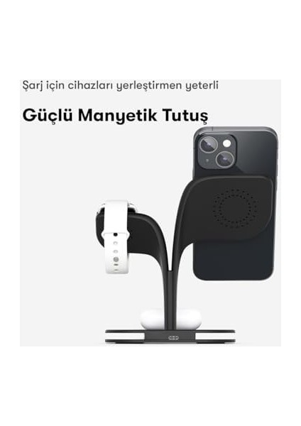 1 Arada 15W Kablosuz Hızlı Şarj Standı Gece Aydınlatmalı Apple iPhone ile Uyumlu-Watch ile Uyumlu-Airpods ile Uyumlu (Siyah Hızlı Şarj)