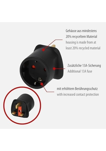 Seyahat Fişi/seyahat Adaptörü (Ingiltere Prizi ve Avrupa Fiş Için Seyahat Prizi Adaptörü) Renk: Siyah