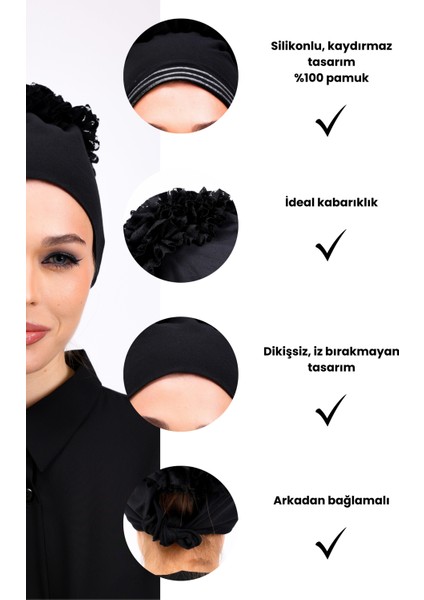 Kaymayan Fırfırlı Siyah Silikonlu Dikişsiz Kaymaz Bone Kadın Tesettür Bağlamalı