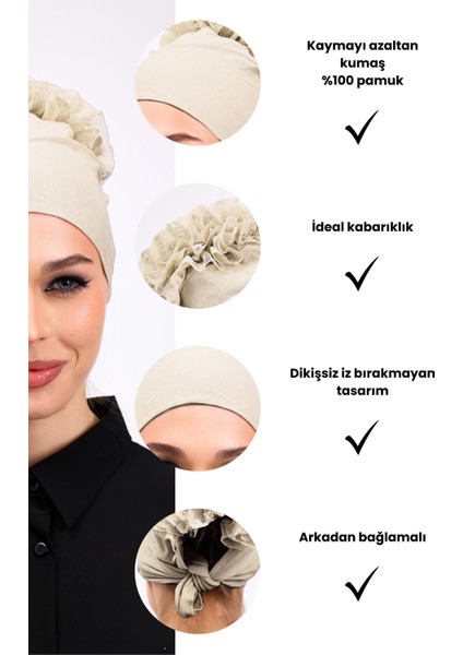 Fırfırlı Krem Dikişsiz Penye Bone Kadın Tesettür Bağlamalı (Taş Rengi - Bej)