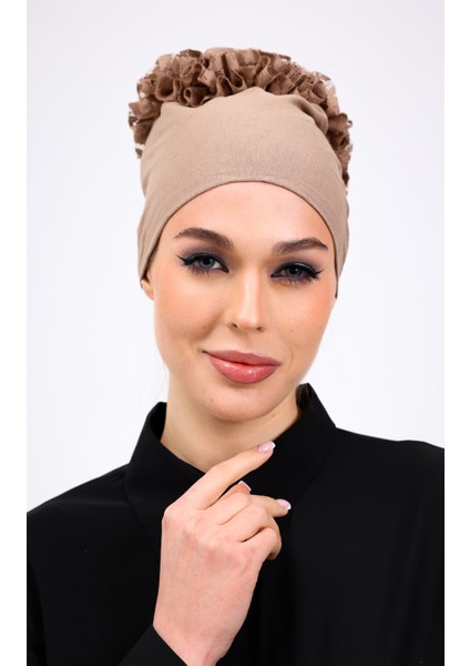 Fırfırlı Vizon Dikişsiz Penye Bone Kadın Tesettür Bağlamalı