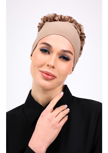 Fırfırlı Vizon Dikişsiz Penye Bone Kadın Tesettür Bağlamalı