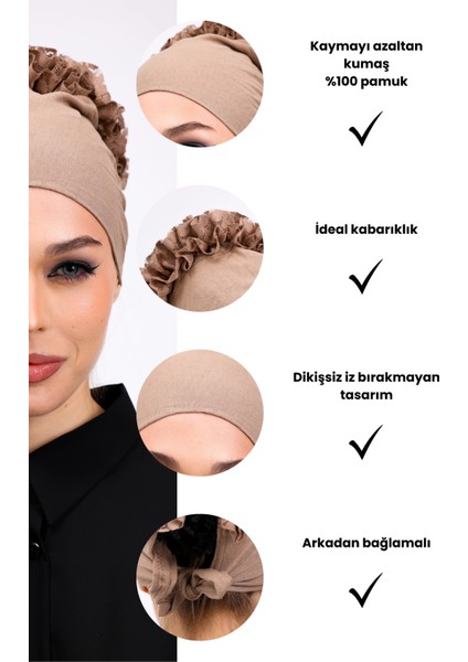Fırfırlı Vizon Dikişsiz Penye Bone Kadın Tesettür Bağlamalı