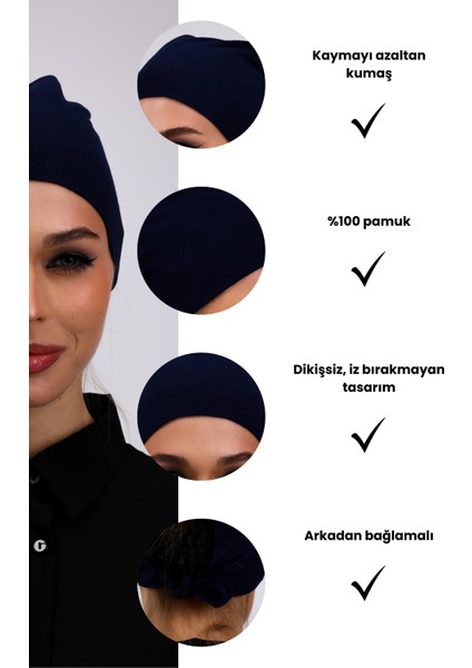 Dikişsiz Lacivert Penye Bone Kadın Tesettür Bağlamalı