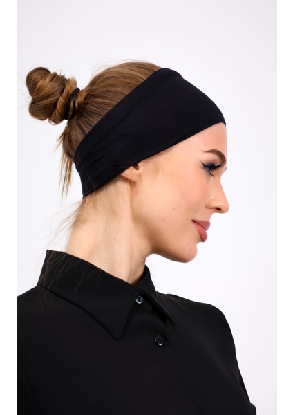 Bandana Siyah Geçme Dikişsiz Tesettür Bone - Spor Saç Bandı