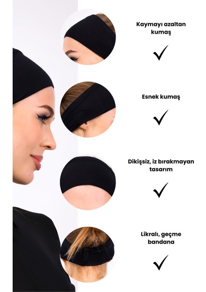 Bandana Siyah Geçme Dikişsiz Tesettür Bone - Spor Saç Bandı