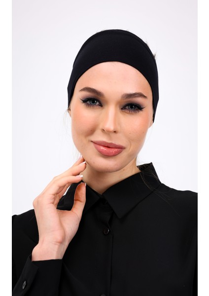 Bandana Siyah Geçme Dikişsiz Tesettür Bone - Spor Saç Bandı