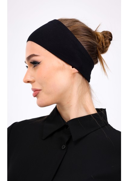 Bandana Siyah Geçme Dikişsiz Tesettür Bone - Spor Saç Bandı