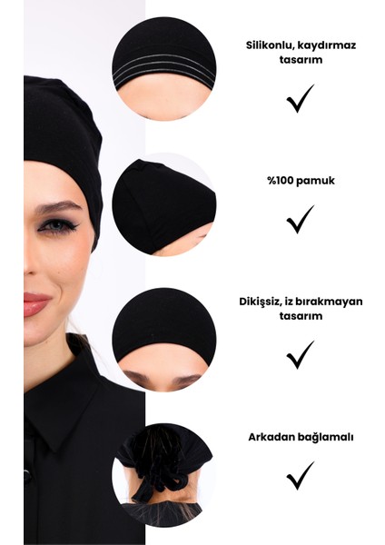 Kaymayan Siyah Bone Silikonlu Kaymaz Dikişsiz Kadın Tesettür Bağlamalı
