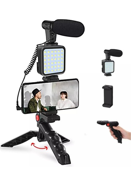 Kit Kumandalı Mikrofon, LED Işık ve Mini Tripod - Telefon Vlog Video Kayıt Ay-49 Üretimi Için