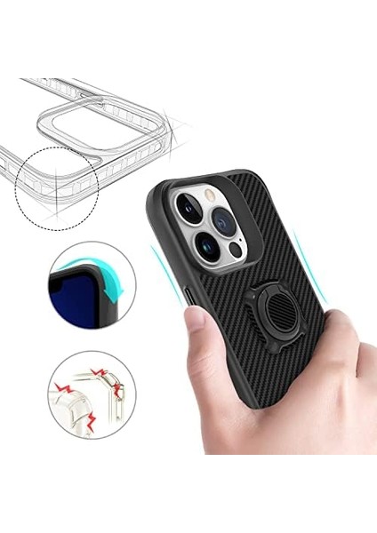 Apple iPhone 13 Pro Kılıf Ultra Korumalı Karbon Desenli Yüzüklü Timo Kapak Siyah