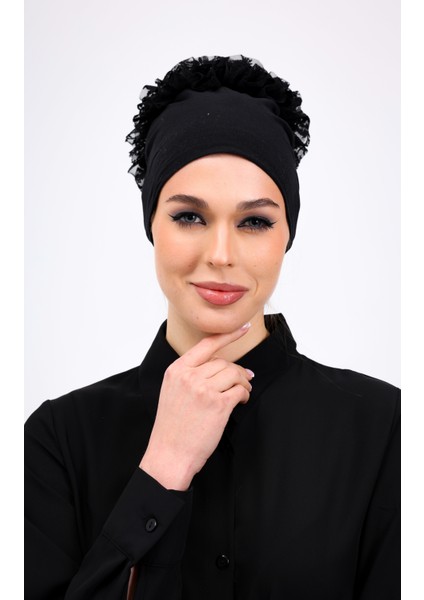 Fırfırlı Siyah Dikişsiz Penye Bone Kadın Tesettür Bağlamalı
