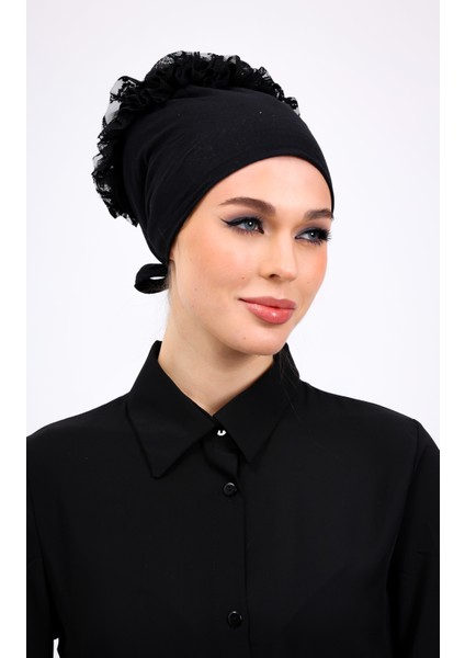 Likralı Fırfırlı Dikişsiz Siyah Bone Bağlamalı Kadın Tesettür Iç Bone Viskon