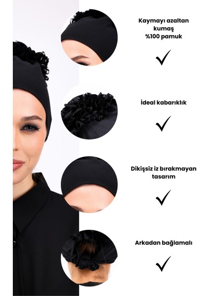 Fırfırlı Siyah Dikişsiz Penye Bone Kadın Tesettür Bağlamalı