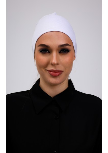 Dikişsiz Beyaz Penye Bone Kadın Tesettür Bağlamalı