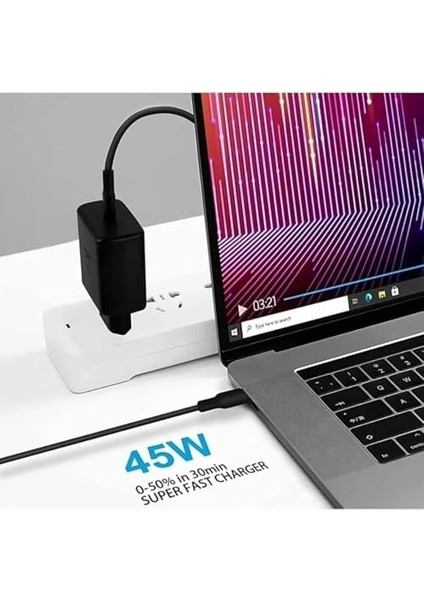 45W Type-C Girişli Super Hızlı Şarj Adaptörü - Usb-C Güç Adaptörü, Hızlı Şarj, Dayanıklı ve Güvenli, Yangın Korumalı Şarj Adaptörü - Siyah Renkli