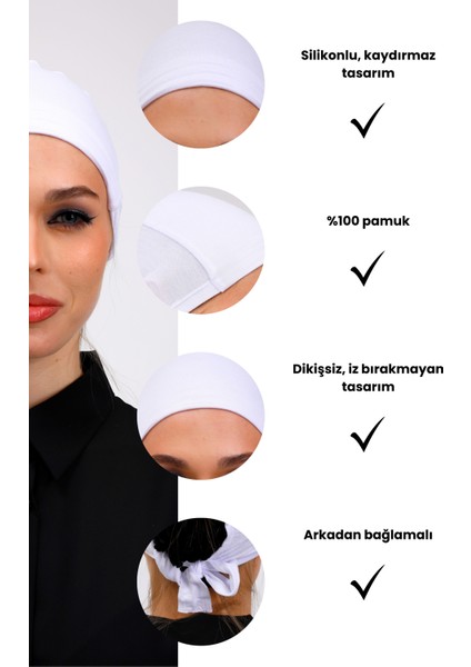 Kaymayan Beyaz Bone Silikonlu Kaymaz Dikişsiz Kadın Tesettür Bağlamalı