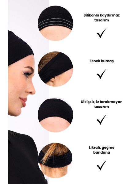 Kaymaz Bandana Siyah Kaymayan Silikonlu Geçme Tesettür Bone - Sportif Saç Bandı