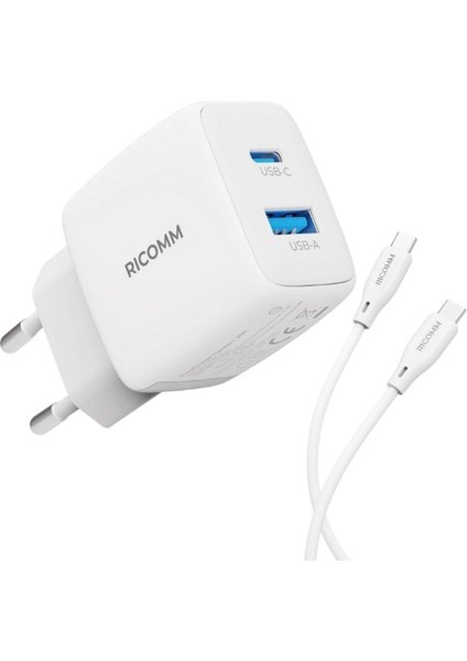25W Gan Usb-C + Usb-A Şarj Aleti Pps Pd Iphone, Ipad, Samsung, Xiaomi Uyumlu Hızlı Şarj Cihazı + 2 Metre Type-C 60W Şarj Kablosu