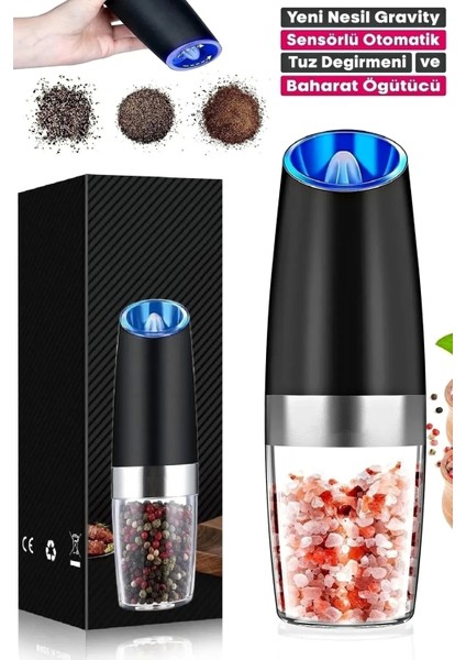 Gravity Otomatik Karabiber Tuz Değirmeni Seramik Bıçaklı Baharat Öğütücü LED Işıklı 5 Kademeli