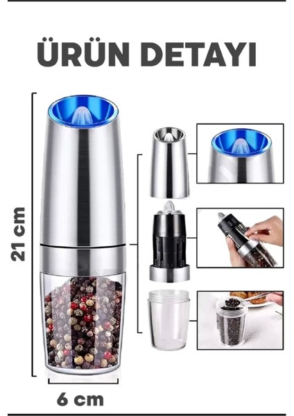 Gravity Otomatik Karabiber Tuz Değirmeni Seramik Bıçaklı Baharat Öğütücü LED Işıklı 5 Kademeli fiyatları