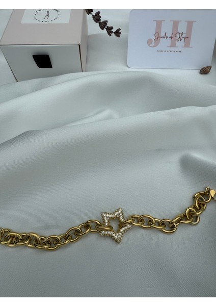 Zirkon Taşlı Yıldız Bileklik 20 cm 316L Paslanmaz Çelik Kadın Bileklik Gold fırsatları