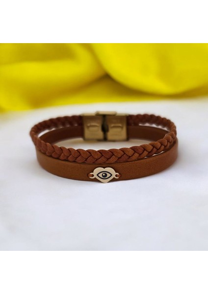 14 Ayar Altın Plakalı Kadınlara Özel Özgün Derili Kalp Motifli Sembol Bilekliği-401sembol-Kahverengi