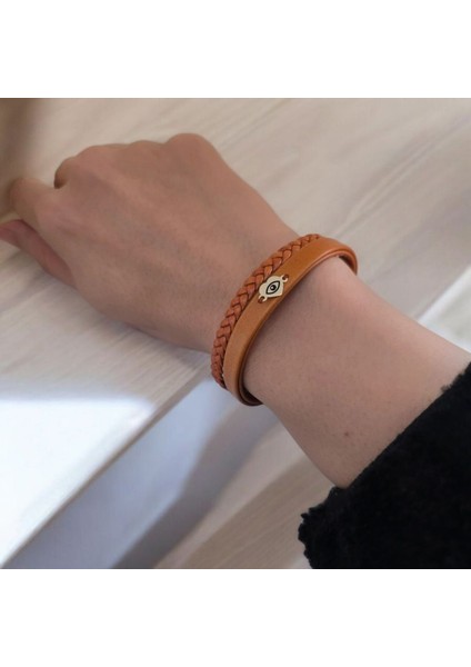 14 Ayar Altın Plakalı Kadınlara Özel Özgün Derili Kalp Motifli Sembol Bilekliği-401sembol-Kahverengi modelleri