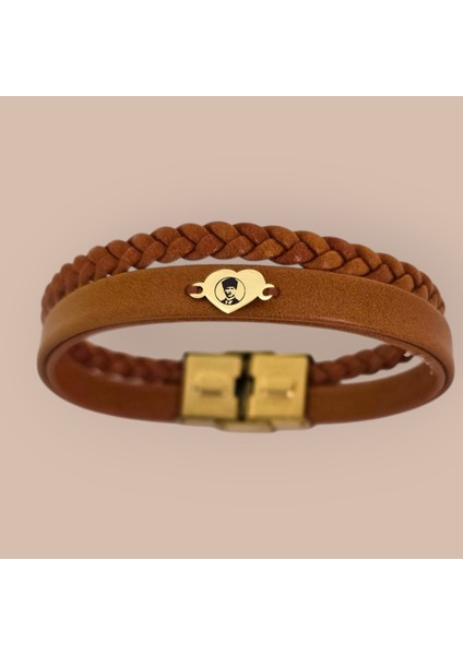 14 Ayar Altın Plakalı Kadınlara Özel Özgün Derili Kalp Motifli Sembol Bilekliği-401sembol-Kahverengi