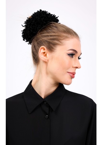 Siyah Arap Saçı Model Topuz Tokası Pamuk Ipli Dolgun Lastikli Tesettür Kadın Toka