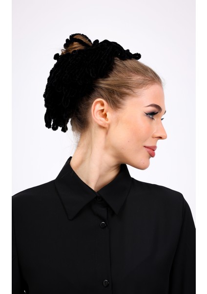 Siyah Kadife Dolgun Topuz Tokası Lastikli Tesettür Kadın Toka