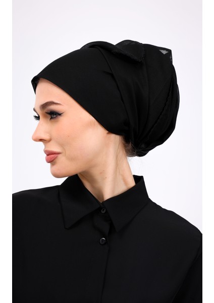 Iç Başörtüsü %100 Pamuklu Siyah Kadın Tesettür Kenarları Oyalı 90X90 cm Tülbent Yazma Başörtü