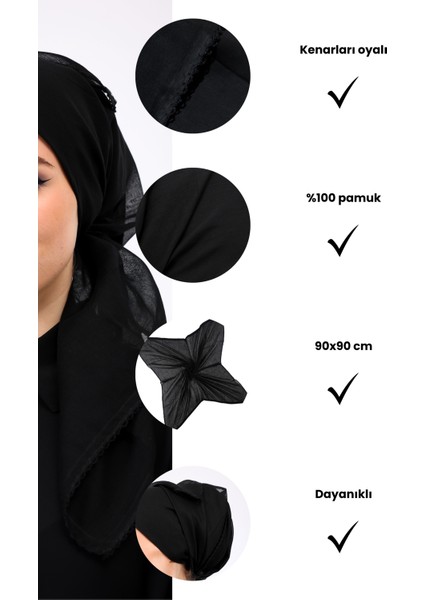Iç Başörtüsü %100 Pamuklu Siyah Kadın Tesettür Kenarları Oyalı 90X90 cm Tülbent Yazma Başörtü