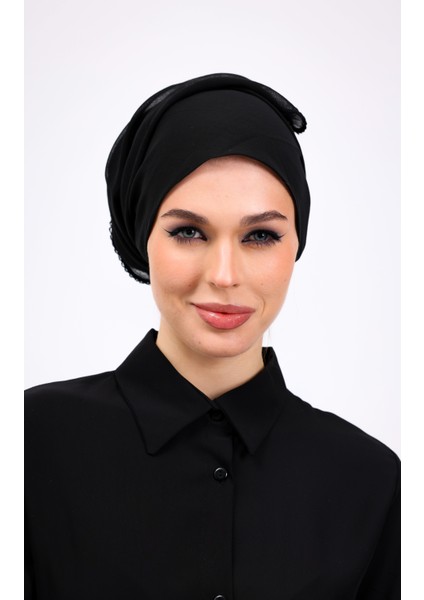 Iç Başörtüsü %100 Pamuklu Siyah Kadın Tesettür Kenarları Oyalı 90X90 cm Tülbent Yazma Başörtü