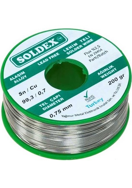 Kurşunsuz Soldex 200 gr 0.75 mm Kurşunsuz Lehim Teli Sn 99.3 / Cu 0.7 (5057)