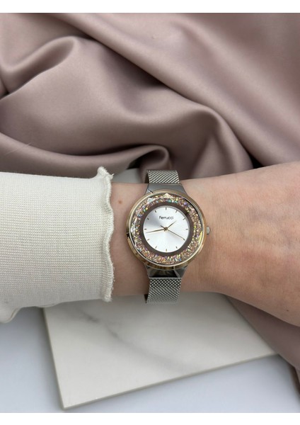 Çift Renk Gümüş ve Rose Gold Hasır Kordon Pembe Taşlı Tasarım Ferrucci Kadın Saati