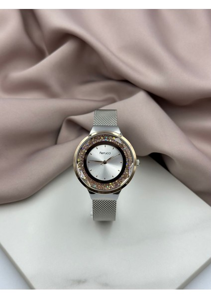 Çift Renk Gümüş ve Rose Gold Hasır Kordon Pembe Taşlı Tasarım Ferrucci Kadın Saati fiyatları