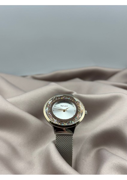 Çift Renk Gümüş ve Rose Gold Hasır Kordon Pembe Taşlı Tasarım Ferrucci Kadın Saati modelleri