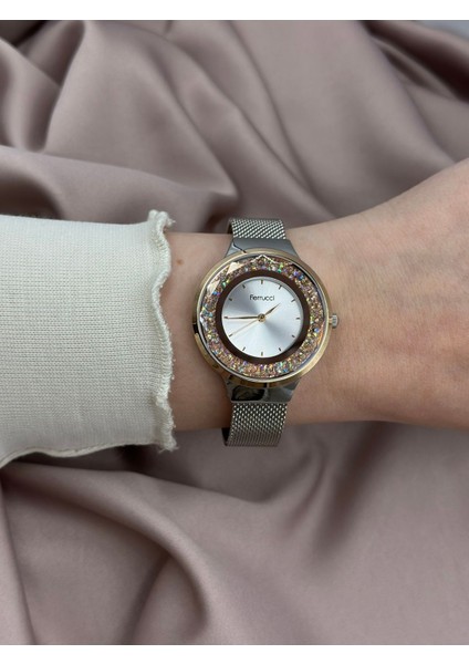 Çift Renk Gümüş ve Rose Gold Hasır Kordon Pembe Taşlı Tasarım Ferrucci Kadın Saati fırsatları