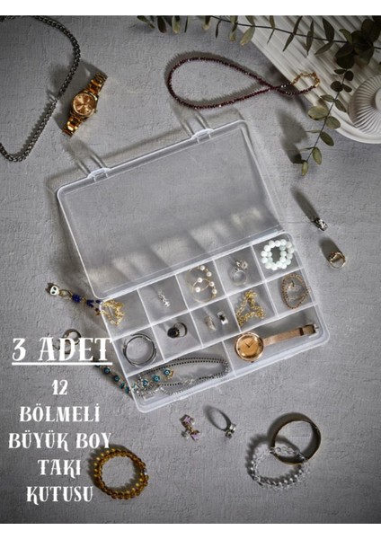3'lü HMU-005 12 Bölmeli Kapaklı Takı-Toka-Aksesuar-Hırdavat-Vida Organizeri Düzenleyici